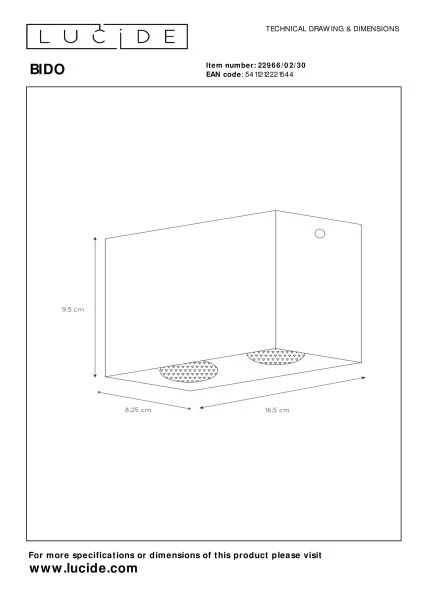 Lucide BIDO - Plafondspot - 2xGU10 - Zwart - technisch